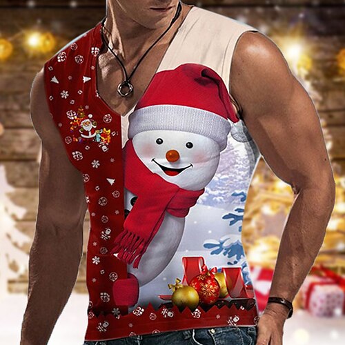 

Men's Undershirt Snowman Graphic Prints V Neck Red 3D Print Christmas Street Sleeveless Print Clothing Apparel Basic Casual Classic Comfortable