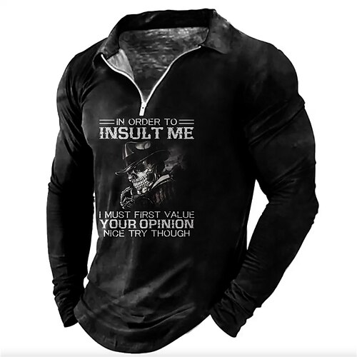 

Men's Polo Shirt Golf Shirt Skull Letter Graphic Prints Turndown Black Blue 3D Print Outdoor Street Long Sleeve Zipper Print Clothing Apparel Fashion Designer Casual Soft