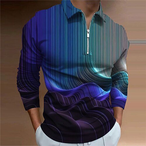 

Men's Polo Shirt Golf Shirt Gradient Abstract Graphic Prints Turndown Blue Yellow 3D Print Outdoor Street Long Sleeve Zipper Print Clothing Apparel Fashion Designer Casual Soft