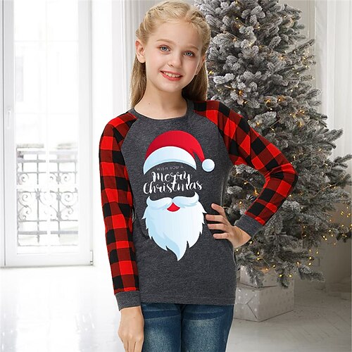 

Kids Girls' Christmas T shirt Plaid Christmas Gifts 3D Printing Long Sleeve Crewneck Cute 7-13 Years Winter Gray