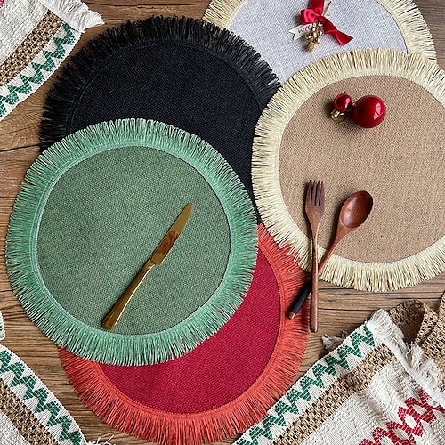 

Linen Round Placemats with Tassel, 15 Inch Natural Fabric, European Flax Handcrafted Indoor Outdoor 100% Pure Linen Tablemat Christmas Green