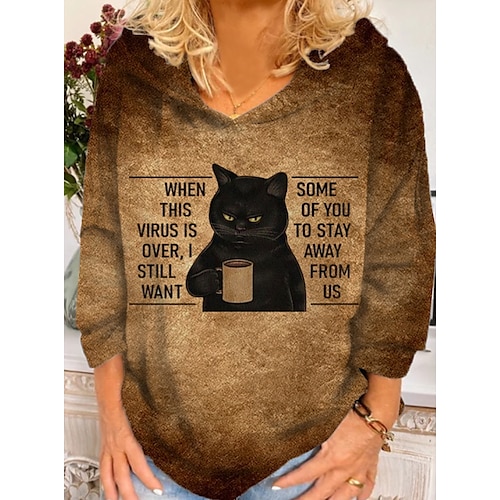 

Women's Plus Size Tops Active Streetwear Blouse Cat Long Sleeve Hooded Vintage Casual Daily Vacation Polyester Winter Fall khaki