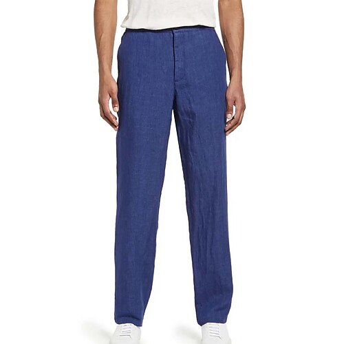

Men's Linen Pants Trousers Pocket Straight Leg Solid Color Comfort Daily Holiday Going out Linen / Cotton Blend Sports Fashion Blue Coffee Micro-elastic