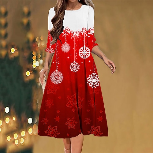 

Women's Christmas Casual Dress Shift Dress Midi Dress White 3/4 Length Sleeve Snowflake Ruched Winter Fall Autumn Fashion Christmas Daily 2022 S M L XL XXL 3XL