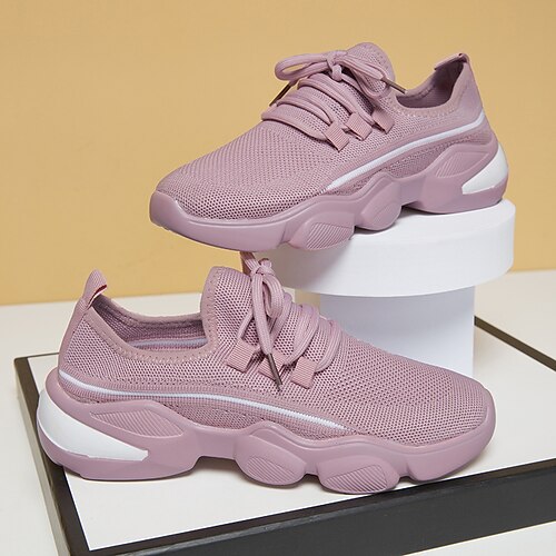 

Women's Sneakers Flyknit Shoes Flat Heel Round Toe Tissage Volant Lace-up Black Rosy Pink White