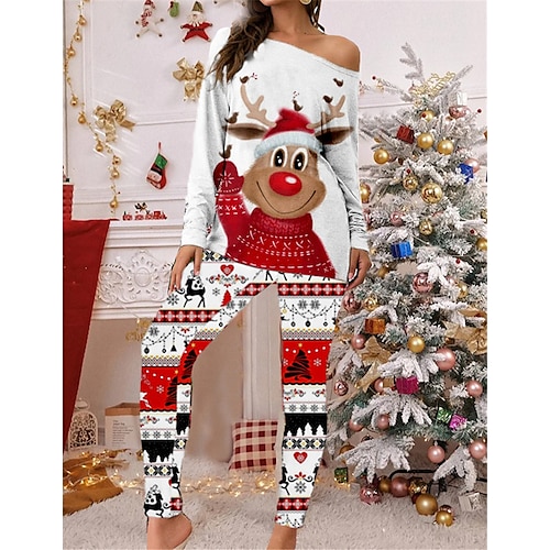 

женские рождественские пижамные комплекты больших размеров с изображением лося, мода, комфорт, мягкий дом, Рождество, карнавал, хлопок, спандекс, трикотаж, подарок, футболка с длинными рукавами,