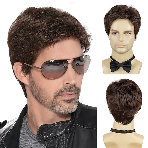 

Men's Wigs Short Brown Wig Heat Resistant Synthetic Layered Natural Hair Cosplay Costume Christmas Wigs for Men Male Guy