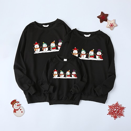 

Family Christmas Sweatshirt Snowman Casual Crewneck Black Long Sleeve Adorable Matching Outfits
