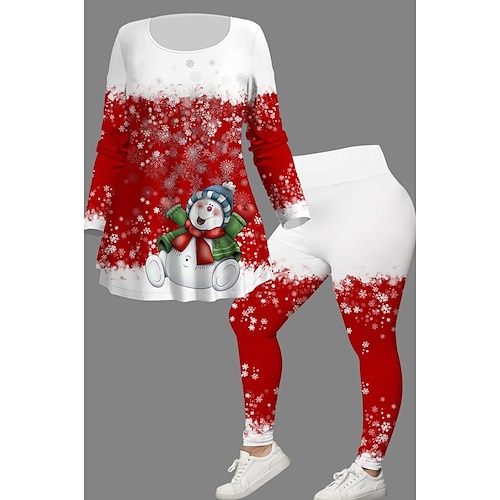 

Women's Plus Size Tops Christmas Set Snowman Print Long Sleeve Crew Neck Casual Vacation Polyester Winter Fall Green Black
