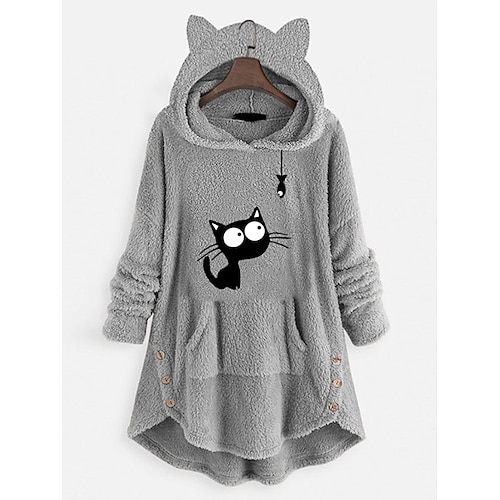 

Femme oreille de chat polaire à capuche hauts sweat-shirt uni poche boutonnée manches longues à capuche décontracté nounours maison quotidien hiver automne coupe-vent chaud