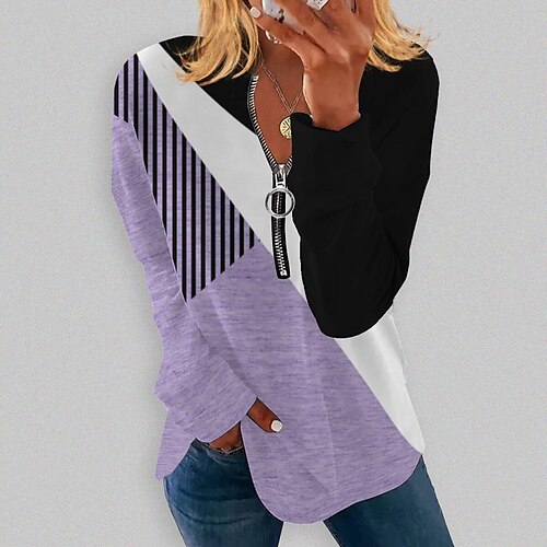 

Women's Sweatshirt Pullover Basic Zipper Green Blue Purple Color Block Stripes Street V Neck Long Sleeve S M L XL 2XL 3XL