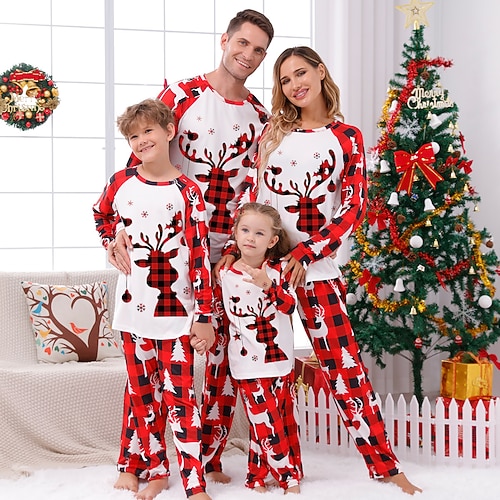 

Christmas Pajamas Family Plaid Elk Christmas Tree Home Red Long Sleeve Basic Matching Outfits