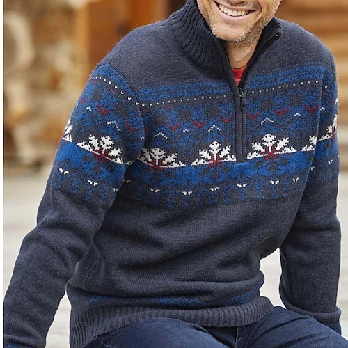 

Men's Sweater Ugly Christmas Sweater Pullover Sweater Jumper Ribbed Knit Cropped Knitted Snowflake Half Zip Keep Warm Modern Contemporary Christmas Work Clothing Apparel Fall & Winter Dark Blue S M L