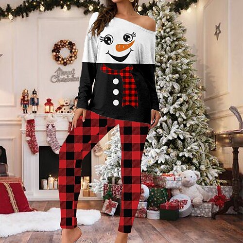 

Women's Plus Size Christmas Pajamas Sets Nighty Snowman Fashion Comfort Soft Home Carnival Cotton Spandex Jersey Gift Long Sleeve T shirt Tee Pant Elastic Waist Fall Spring Red