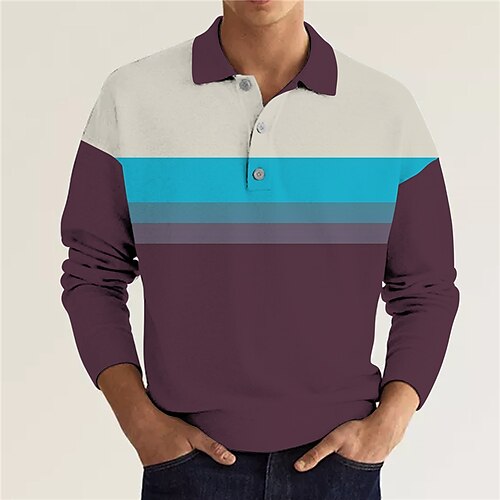 

Men's Polo Shirt Golf Shirt Striped Graphic Prints Turndown Green Fuchsia 3D Print Outdoor Street Long Sleeve Button-Down Print Clothing Apparel Fashion Designer Casual Soft