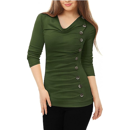 

Camisa con cuello vuelto para mujer, manga larga, botones, decoración, parte superior fruncida.