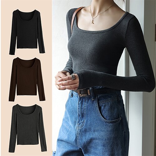 

Women's T shirt Tee Patchwork Solid / Plain Color Classic Square Regular Spring & Fall Black Dark Coffee Grey White