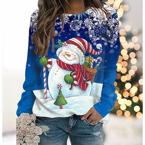 

Women's Sweatshirt Pullover Streetwear Blue Snowman Christmas Round Neck Long Sleeve S M L XL 2XL 3XL