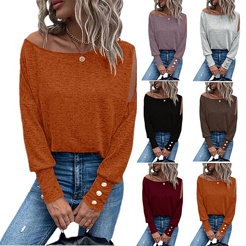 

Women's Blouse T shirt Tee Button Cold Shoulder Solid / Plain Color Classic Sweet Round Neck Regular Spring & Fall Wine Red Black Pink Orange Brown