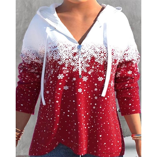 

Women's Plus Size Christmas Tops Hoodie Sweatshirt Snowflake Zipper Print Long Sleeve Hooded Casual Holiday Festival Daily Polyester Winter Fall Red