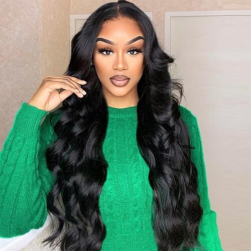 

Black Synthetic Lace Front Wig Body Wave 180% Density Glueless Long Black Wig for Black Women T Part Black Wavy Synthetic Wig with Natural Hairline