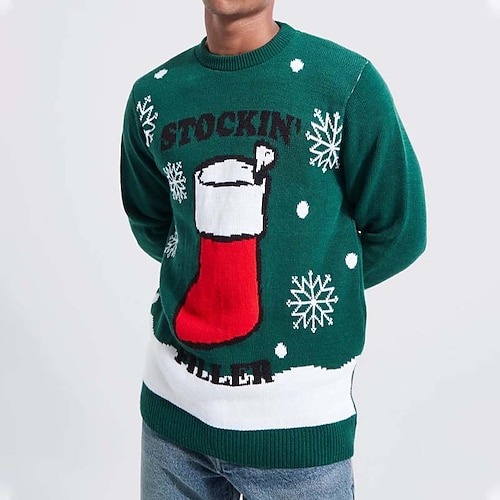 

Men's Sweater Ugly Christmas Sweater Pullover Sweater Jumper Ribbed Knit Cropped Knitted Christmas Pattern Crew Neck Keep Warm Modern Contemporary Christmas Work Clothing Apparel Fall & Winter Green