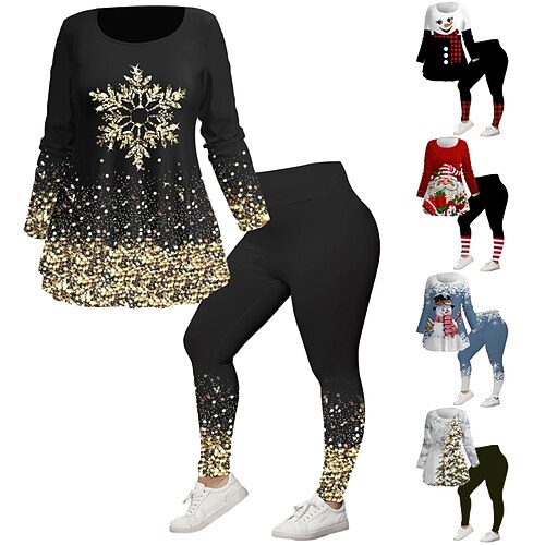 

Women's Plus Size Tops Christmas Set Color Gradient Snowflake Print 3/4 Length Sleeve Crew Neck Casual Festival Daily Polyester Winter Fall Black
