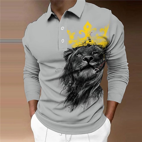 

Men's Collar Polo Shirt Golf Shirt Animal Lion Graphic Prints Turndown Blue Gray 3D Print Outdoor Street Long Sleeve Button-Down Print Clothing Apparel Fashion Designer Casual Soft