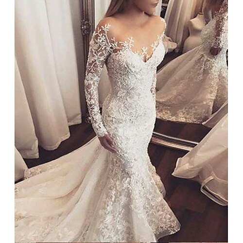 

Mermaid / Trumpet Wedding Dresses V Neck Chapel Train Lace Tulle Long Sleeve Romantic Sexy with Buttons Appliques 2022