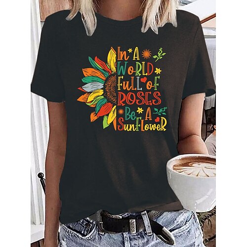 

Women's T shirt Tee Black Wine Army Green Graphic Letter Print Short Sleeve Daily Holiday Basic Round Neck Regular Painting S