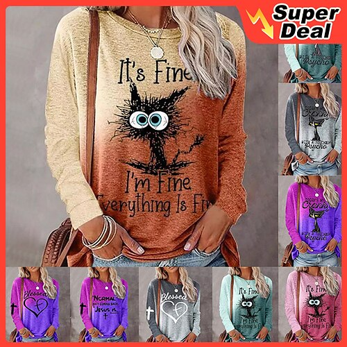 

Women's T shirt Tee Maroon Green Purple Graphic Color Gradient Print Long Sleeve Casual Weekend Round Neck Regular I'm Fine Painting