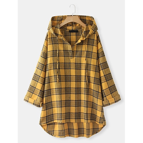 

Women's Pullover Casual Yellow Plaid Street Hoodie Long Sleeve M L XL 2XL 3XL 4XL