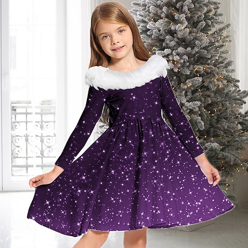 

Kids Girls' Dress Gradient Casual Dress Above Knee Dress Fur Trim Long Sleeve Adorable Dress 2-13 Years Winter Green Purple Wine