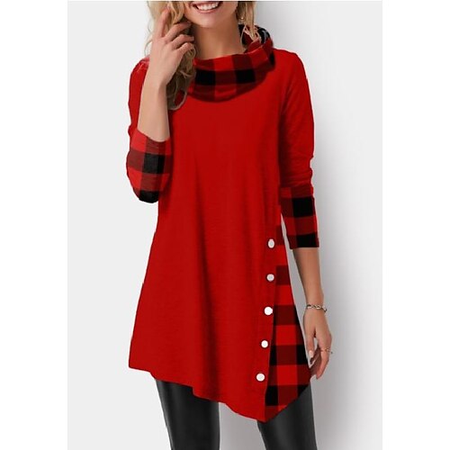 

Women's Blouse Shirt Black And White Dark Green Red Plaid Button Print Long Sleeve Christmas Casual Basic Round Neck Long Cotton S