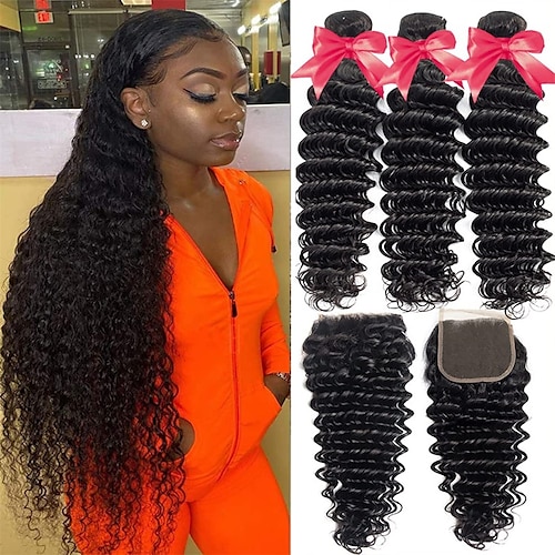 

Brazilian Hair Deep Wave Bundles with Closure 8A 100% Unprocessed Virgin Deep Curly Weave 3 Bundles with Free Part 4x4 Lace Closure Natural Color for Black Women Can Be Dyed and Bleached