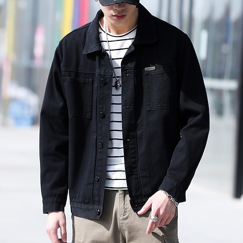 

Men's Denim Jacket Jean Jacket Durable Casual / Daily Daily Wear Vacation To-Go Single Breasted Turndown Comfort Leisure Jacket Outerwear Solid / Plain Color Pocket Buff Black Ginger
