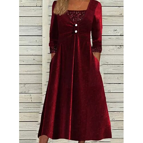 

Women's Velvet Dress Swing Dress Midi Dress Wine Half Sleeve Pure Color Button Winter Fall Autumn Square Neck Stylish Weekend 2022 S M L XL XXL 3XL