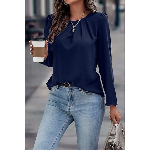 

amazon independent station europe and the united states wish autumn and winter new women's solid color round neck long-sleeved pleated back button top