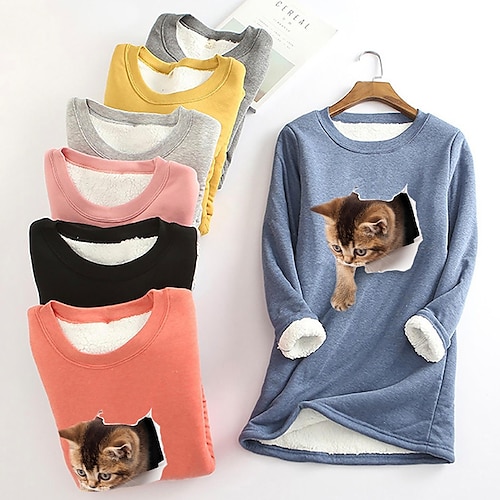 

Women's Sweatshirt Pullover Sherpa Fleece Teddy Black Blue Pink Cat Street Round Neck Long Sleeve Fleece S M L XL XXL 3XL