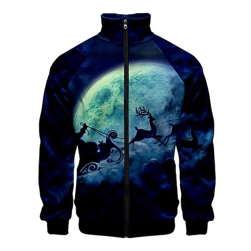 

Men's Coat Warm Christmas Zipper Moon Elk Graphic Prints 3D Printed Graphic Standing Collar Fashion Jacket Outerwear Long Sleeve Zipper Fall & Winter