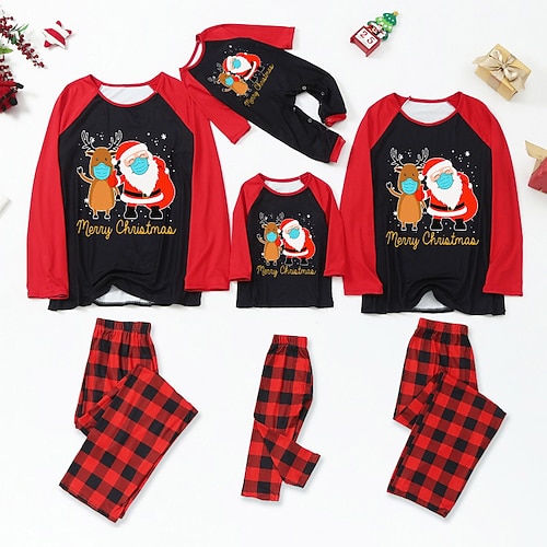 

Christmas Pajamas Family Letter Santa Claus Elk Home Black Long Sleeve Basic Matching Outfits