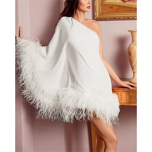

Women's Party Dress Feather Dress Cocktail Dress Mini Dress Black White Long Sleeve Pure Color Feather Winter Fall Spring One Shoulder Fashion Evening Party 2022 S M L