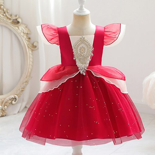 

Toddler Girls' Party Dress Solid Color Party Dress Knee-length Dress Performance Embroidered Short Sleeve Adorable Dress 3-7 Years Fall Red / Spring