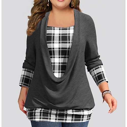 

Women's Plus Size Tops Blouse Plaid Print Long Sleeve Crew Neck Casual Modern Daily Vacation Polyester Winter Fall Dark Gray