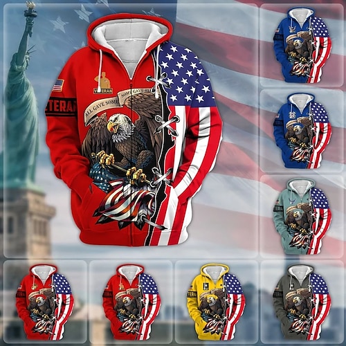 

Men's Full Zip Hoodie Jacket Green Yellow Red Navy Blue Gray Hooded Graphic Prints Eagle National Flag Zipper Print Sports & Outdoor Daily Sports 3D Print Streetwear Designer Casual Spring & Fall