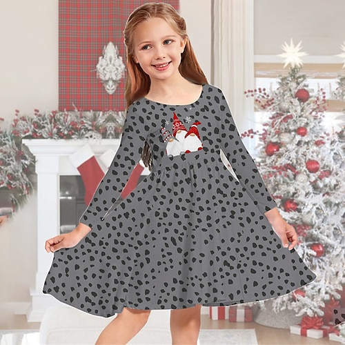 

Kids Girls' Christmas Dress Leopard Casual Dress Above Knee Dress Christmas Gifts Crewneck Long Sleeve Adorable Dress 2-13 Years Winter Khaki Gray