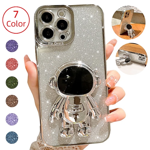 

Phone Case For Apple iPhone 14 Pro Max 13 12 11 Pro Max Mini X XR XS 8 7 Plus Bling Plating Astronaut Hidden Stand Case Cute 6D Stand Glitter Phone Case for Women Girls Soft TPU Shockproof Back Cover