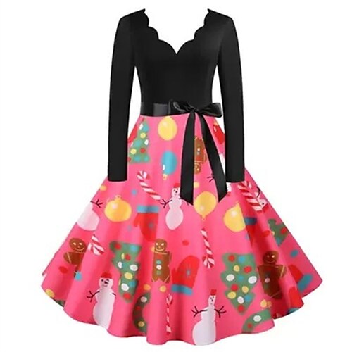 

Women's Swing Dress Mini Dress Black Pink Red Long Sleeve Deer Patchwork Winter Fall Autumn V Neck Christmas Vacation Weekend 2022 S M L XL XXL 3XL