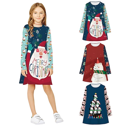 

Kids Girls' Ugly Christmas Dress Letter A Line Dress Above Knee Dress Outdoor Cotton Long Sleeve Active Dress 3-7 Years Winter Blue Dark Blue Red