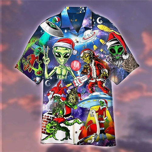 

Men's Shirt Graphic Prints Alien Turndown Blue 3D Print Christmas Street Short Sleeve Button-Down Print Clothing Apparel Fashion Designer Casual Breathable